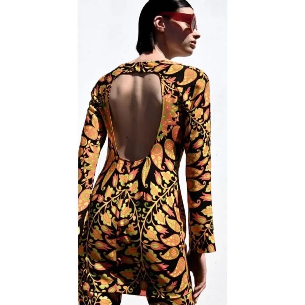NWT Zara Blogger’s Favorite Long Sleeve Printed Multicolor Open Back Mini Dress - Picture 8 of 12